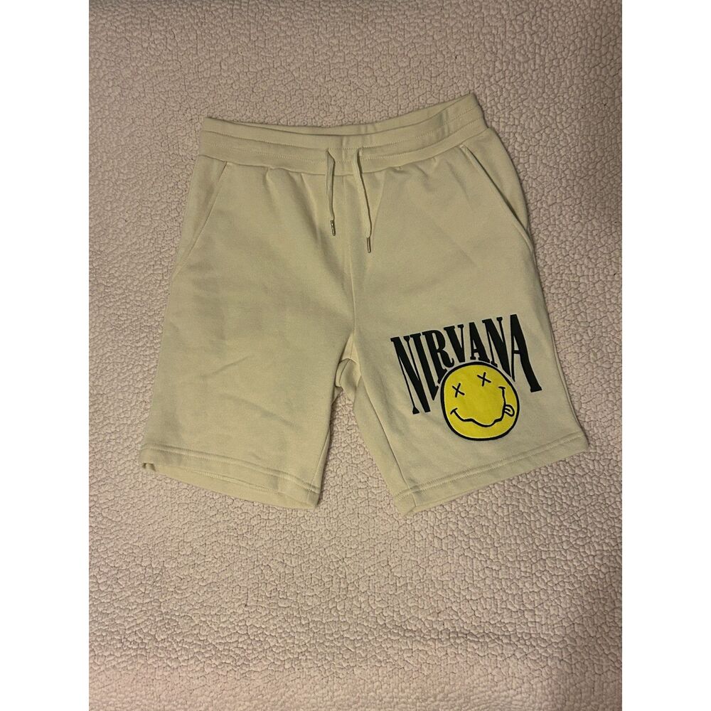 Y2K Grunge Streetwear Loungewear Nirvana Smiley Face Sweat Shorts Cream XS Cozy